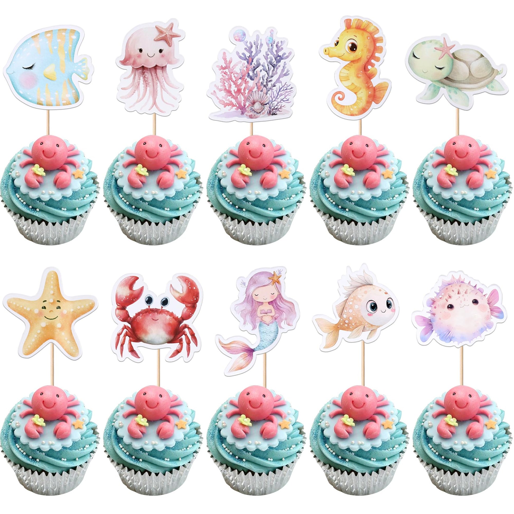 ZHUOWEISM Ocean Animal Cupcake Toppers, 40 PCS Sea Theme Decorations, Turtles, Octopus, Mermaid, Design 8