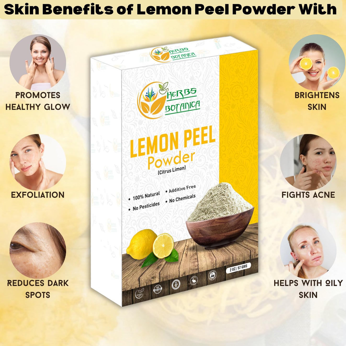 Herbs Botanica Lemon Peel Powder 100% Pure & Organic Dried Lemon Zest Powder For Cooking, Baking, Skin Care & Diy Beauty Natural