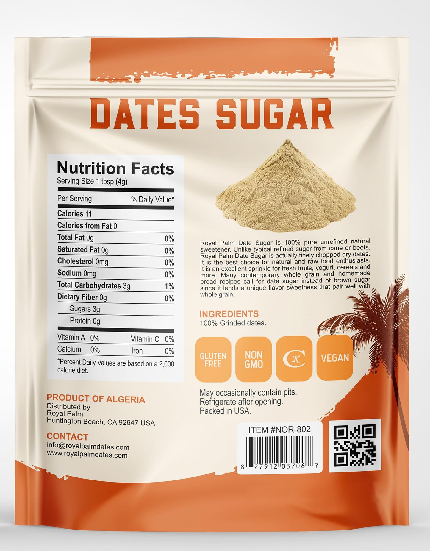 Royal Palm Date Sugar - 100% Natural Sweetener, Vegan, Non-GMO, 16oz Bag