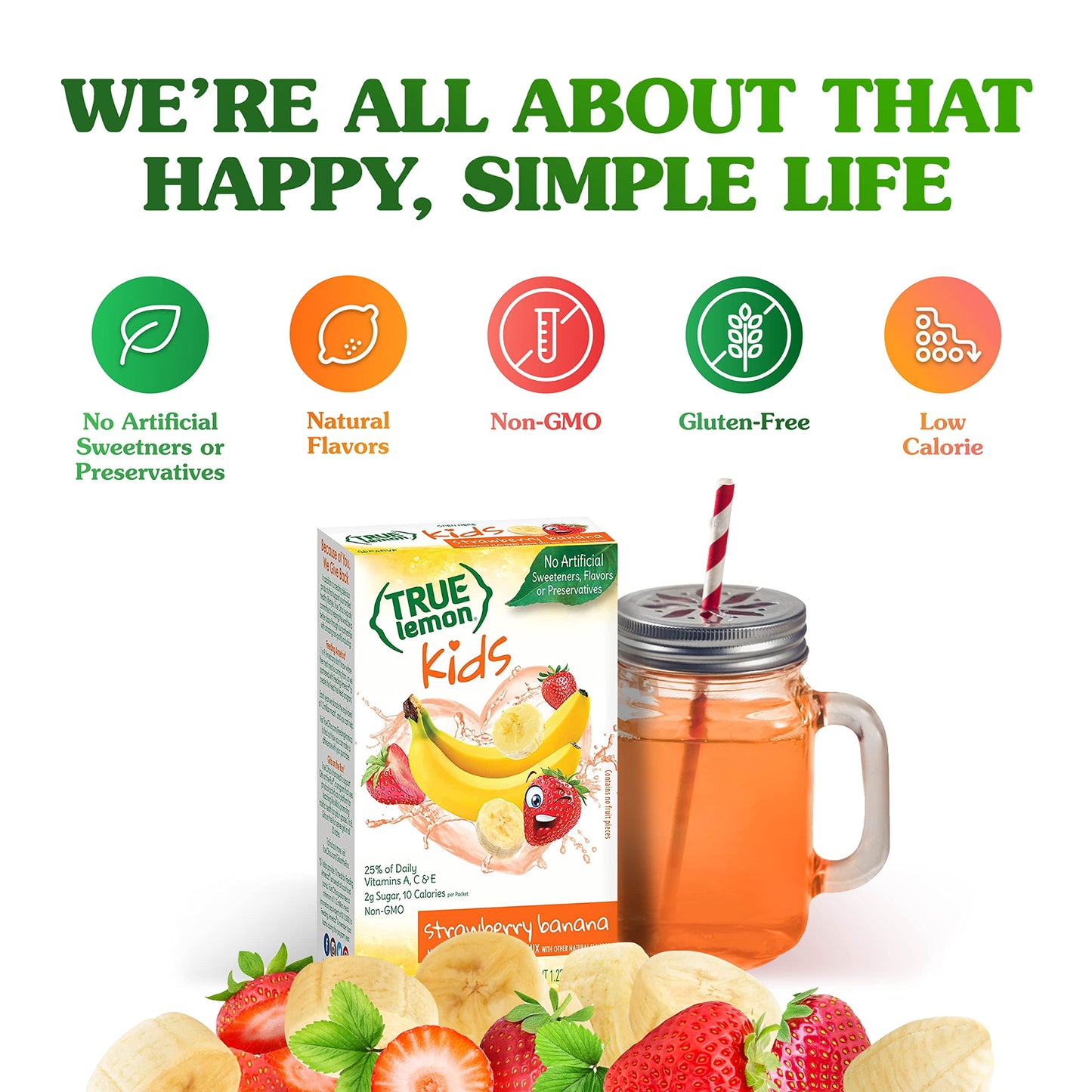 True Lemon Strawberry Banana Kids Drink Mix (10 Packets) - No Preservatives Or Artificial Flavors - Low Sugar Hydration Powder For Kids