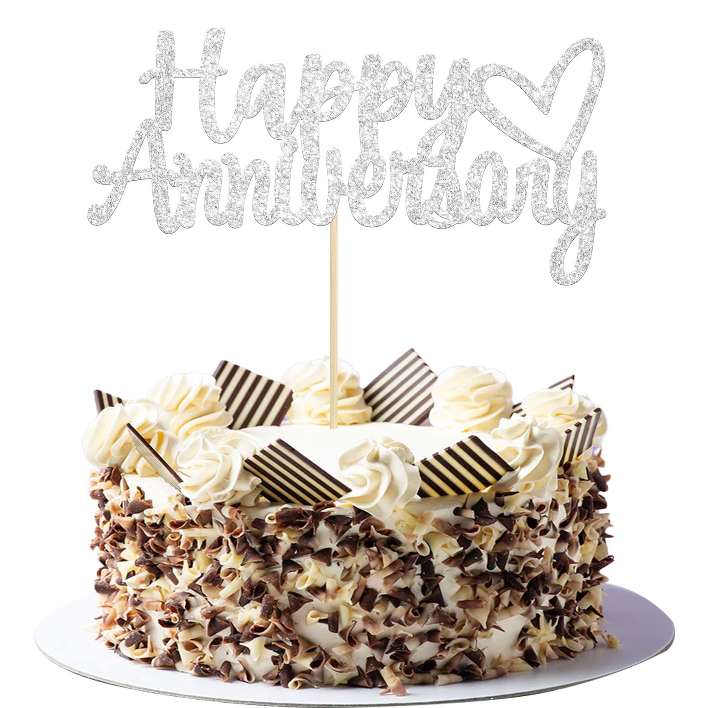 Gyufise 1Pc Happy Anniversary Cake Topper Anniversary Cake Decorations Silver Glitter Wedding Anniversary Cake Topper Supplies P