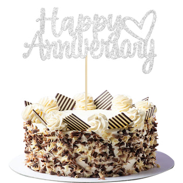 Gyufise 1Pc Happy Anniversary Cake Topper Anniversary Cake Decorations Silver Glitter Wedding Anniversary Cake Topper Supplies P