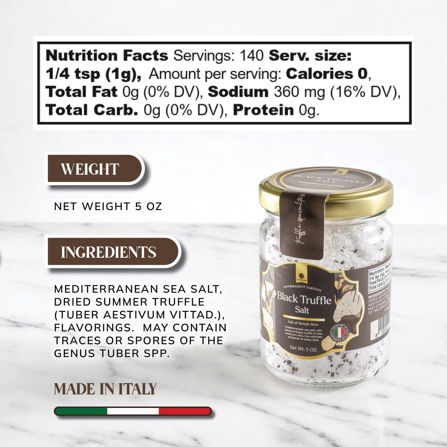 Gourmanity Black Truffle Salt, Coarse Mediterranean Sea Salt with Truffle Flakes, 5oz Jar, Product of Italy