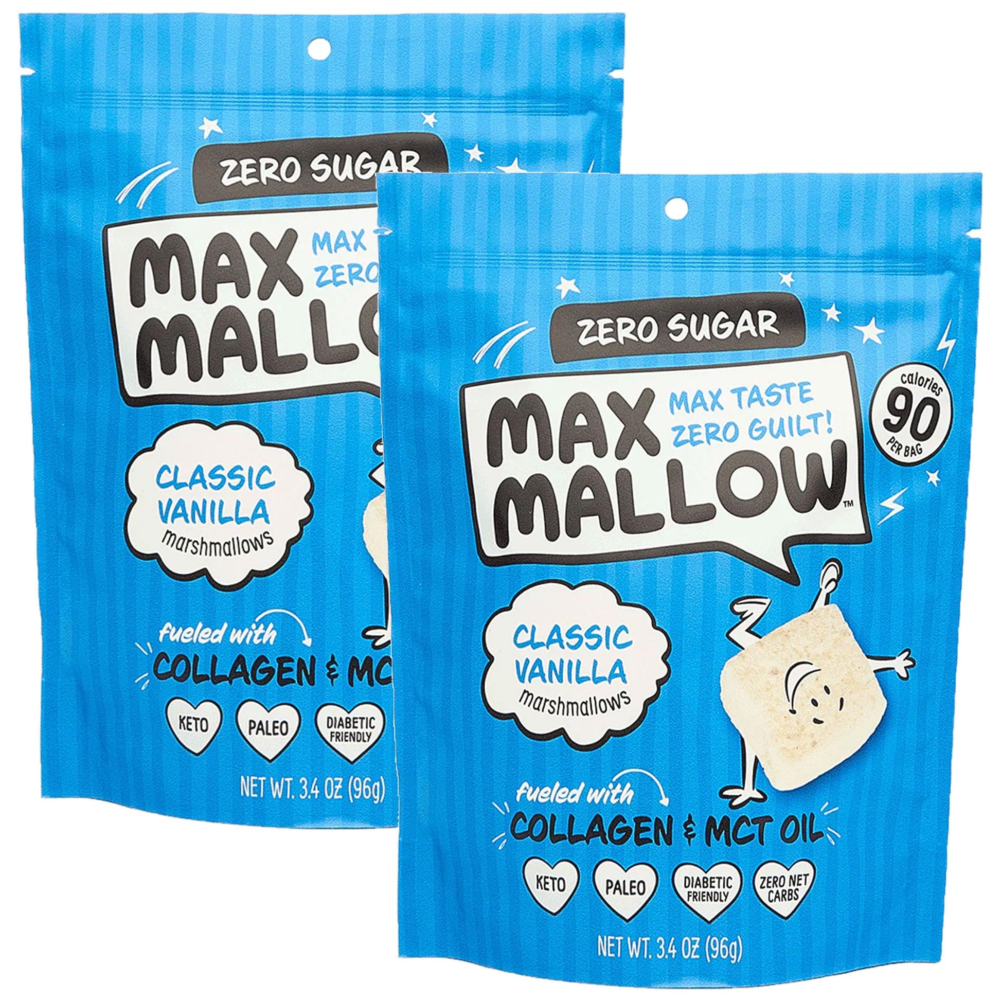 Max Mallow Sugar Free Marshmallows - Keto Friendly  Perfect for Smores  Hot Chocolate  and Baking with Zero Sugar Snacks  Smores Mct Oil Zero Sugar Marshmellow Marshmallow Classic Vanilla  2 Pack
