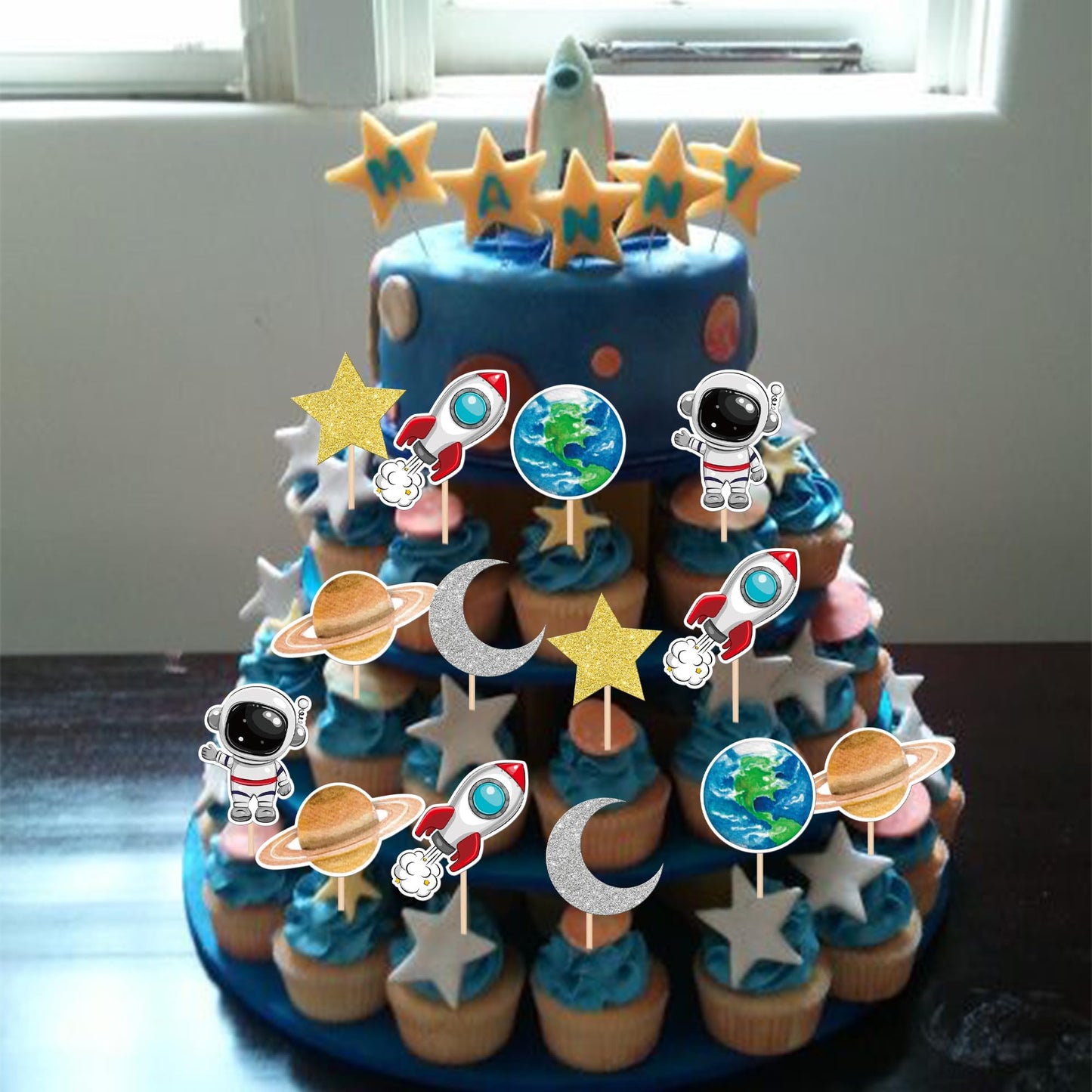 30 Pcs Outer Space Astronaut Cupcake Toppers Planet Rocket Trip To The Moon Star Cupcake Picks For Universe Outer Space Theme Ba