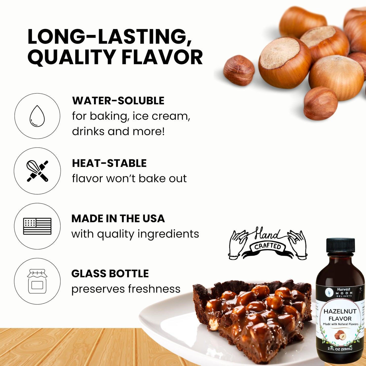 Natural Hazelnut Extract - 2 Oz - Water-Soluble - By Harvest Moon Delights - Hazelnut Extract For Baking, Ice Cream, Drinks, And