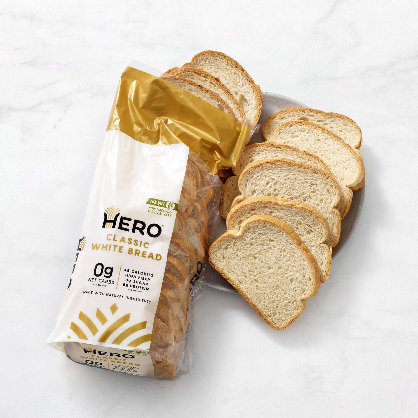 Hero Classic White Bread - Delicious Bread with 0g Net Carb, 0g Sugar, 45 Calories, 10g Fiber per Slice | Tastes Like Regular Br