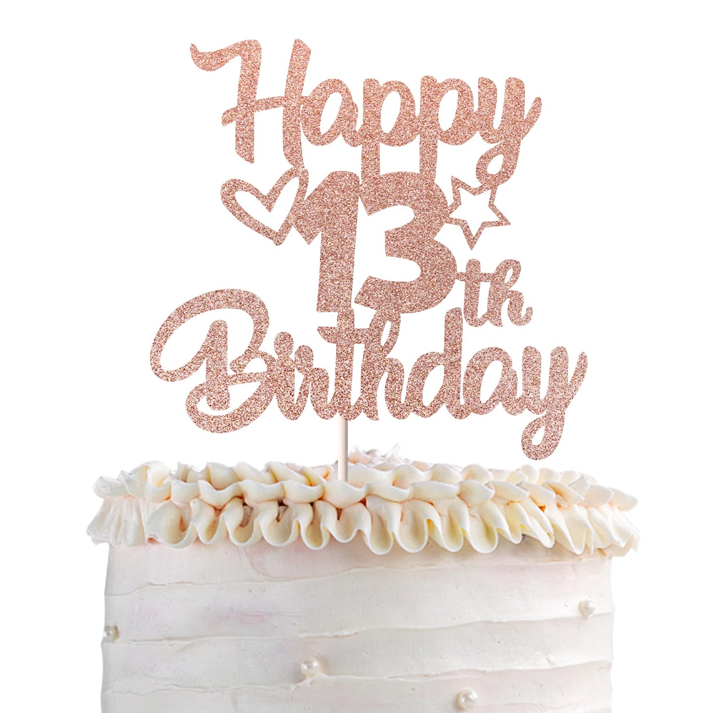 YCTHUNFISH Happy 13th Birthday Cake Topper, Glitter Heart Star Design, Rose Gold, Paper