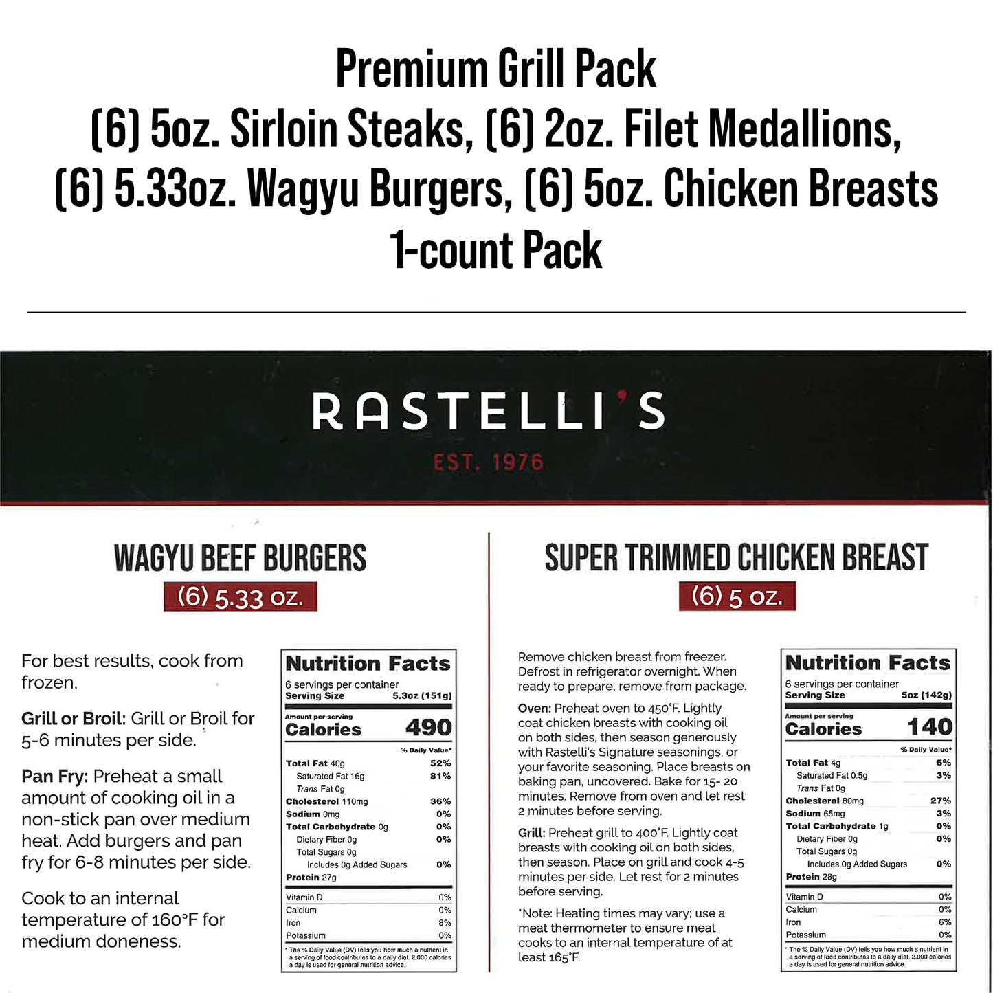Rastellis Grilling Meat Pack - Wagyu Burgers, Sirloin Steaks, Filet Mignon, Chicken Breasts - 24 Count, 6.5 lbs Total