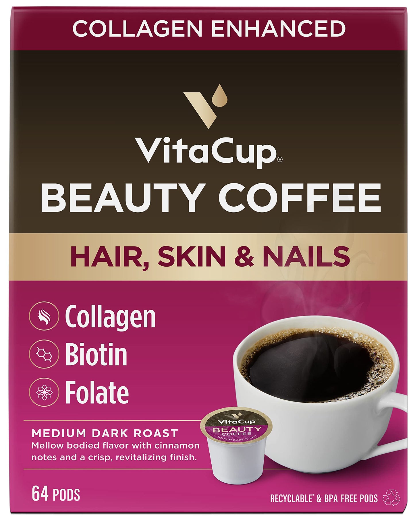 Vitacup Beauty Collagen Coffee Pods For Hair, Skin & Nails, With Biotin & Folate, Medium Dark Roast, Keto Friendly, Recyclable Single Serve Pod Compatible With Keurig K-Cup Malt-Inspired,64 Ct
