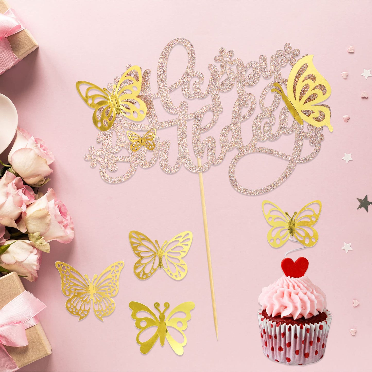 25Pcs Butterfly Cake Toppers Happy Birthday Cake Topper Gold 3D Butterfly Cupcake Topper For Girls Women'S Happy Birthday Cake T