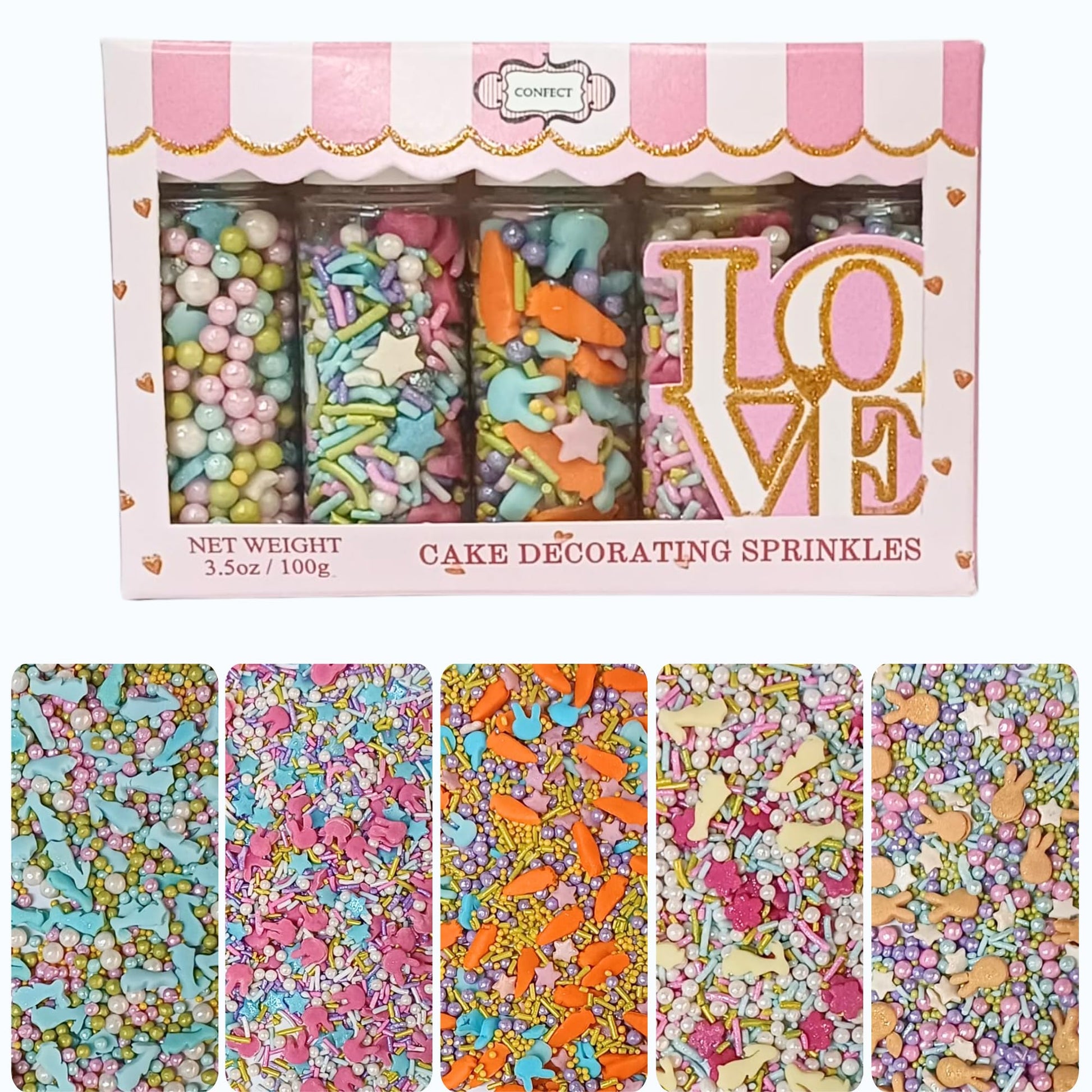 Confect Easter Sprinkles Edible | Assorted pack of 5 White, Sky Blue, Pink, Yellow, Pearls, Easter Bunny & Vermicelli I Cookies,
