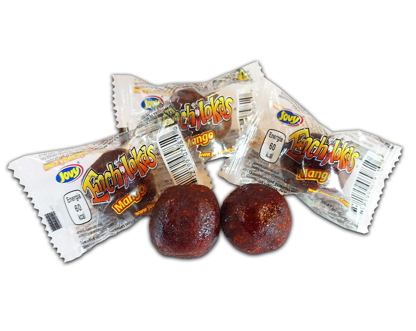 Jovy Enchilokas Candy. Mango Flavored Tamarind Covered Gummies With Chili. Net Wt 1-Lb 1-Oz