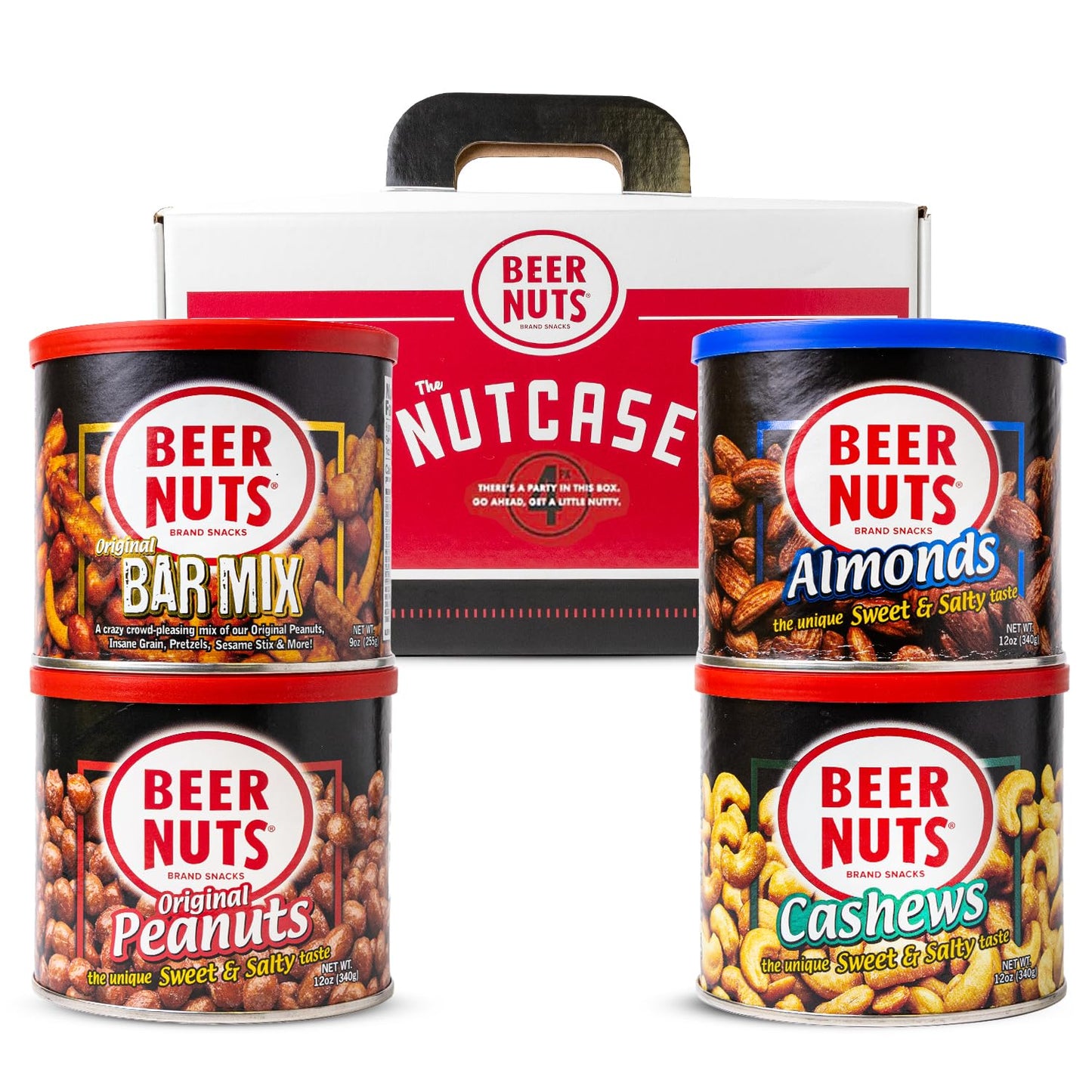 Malt-Inspired Nuts Brand Snacks, Original Nutcase, Perfect For Gifting, Original Peanuts, Original Bar Mix, Cashews, Almonds, Sweet & Spicy Bar Mix, Resealable Cans, Snackin Since 1953 (Pack Of 4)