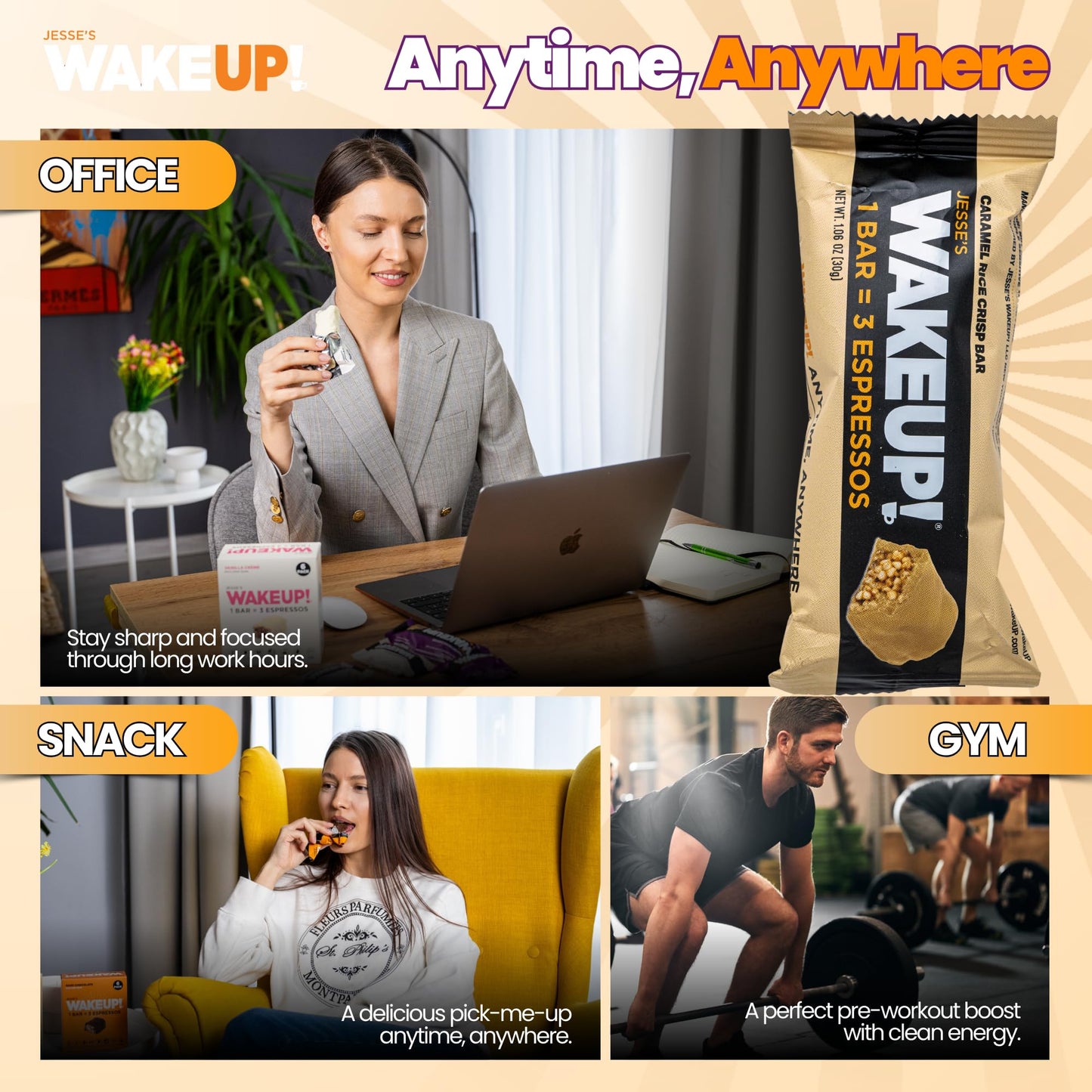 Jesses WakeUP! Caramel Protein Bars - 350mg Caffeine, Gluten-Free, 6 Pack