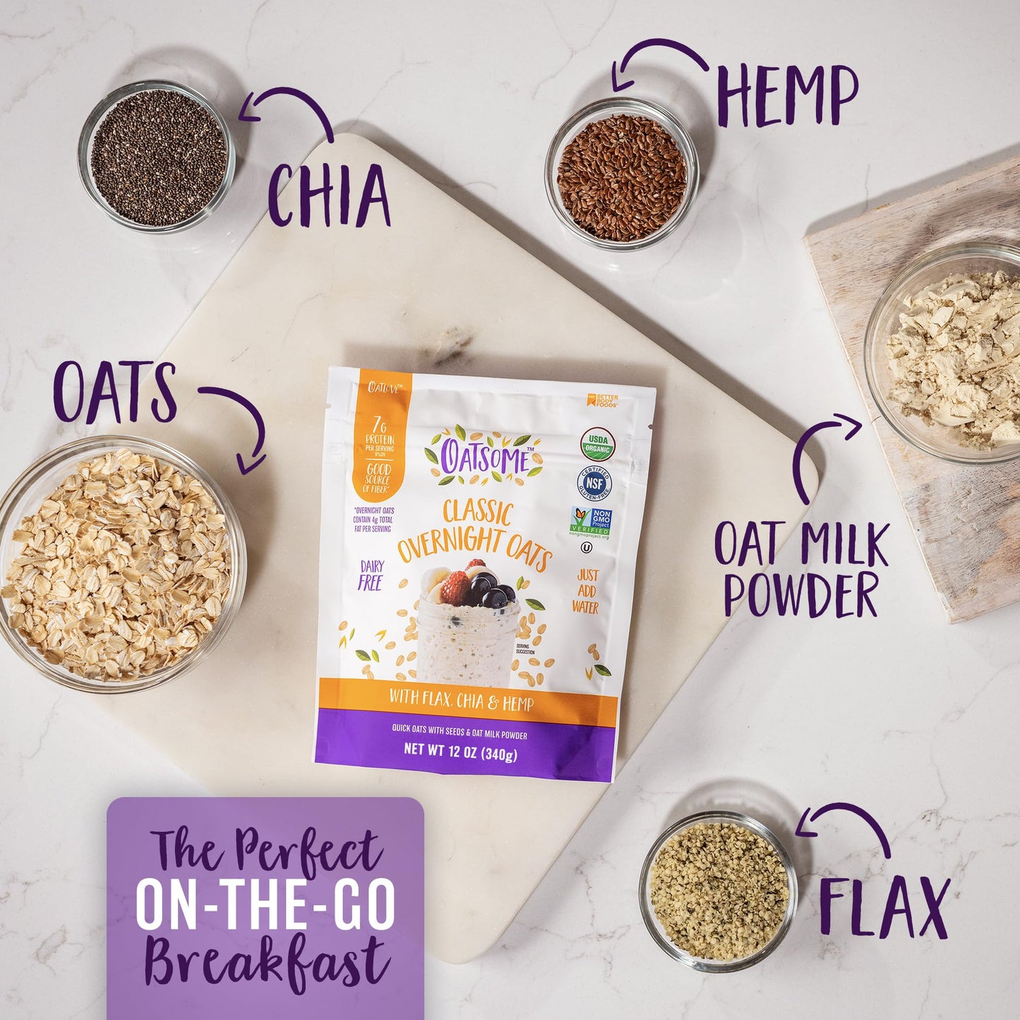 Oatsome Organic Overnight Oats with Chia, Flax, & Hemp, Gluten-Free Oatmeal with 7g of Protein, 7.8oz Bag