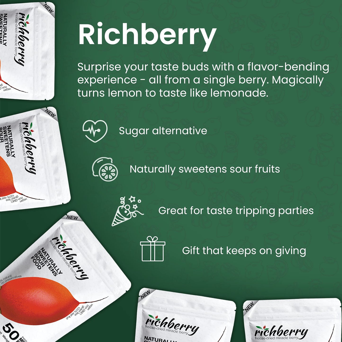 Berry By Richberry, 50-Halves, Freeze Dried Enhanced Fruits, 100% Real Fruit, No Preservatives, Naturally Sweetens Sour Food, Great For Snacks And Taste Tripping