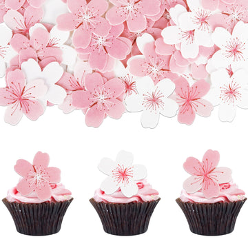 60 PCS Edible Flowers Cake Decorations Pink Edible Cherry Blossoms Flowers Cupcake Toppers Wafer Paper Flowers Cupcake Picks for