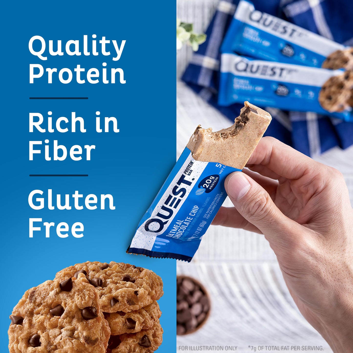 Quest Nutrition Oatmeal Chocolate Chip Protein Bars, 20g Protein, 1g Sugar, 5g Net Carb, Gluten Free, Keto Friendly, 4 Count