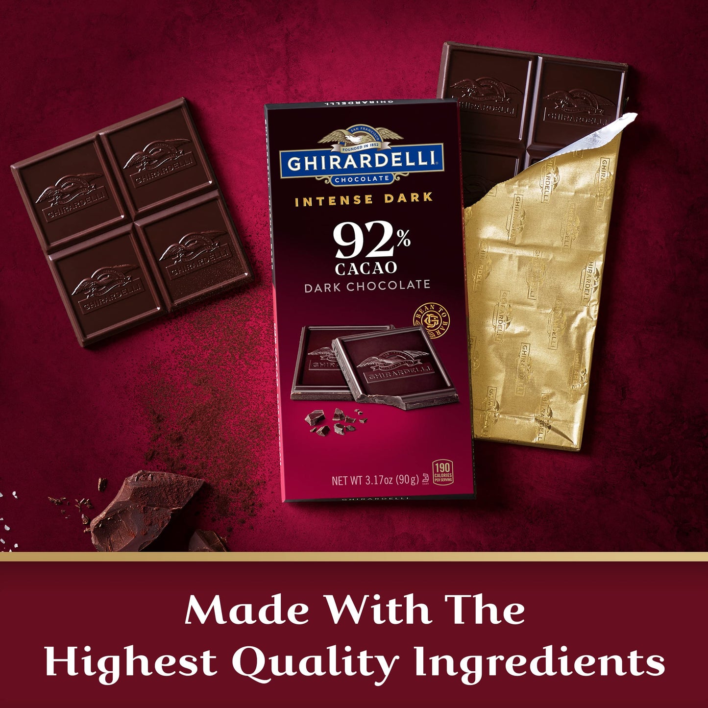 Ghirardelli Intense Dark Chocolate Bar, 92% Cacao, 3.17 Oz Bar (Pack Of 12)