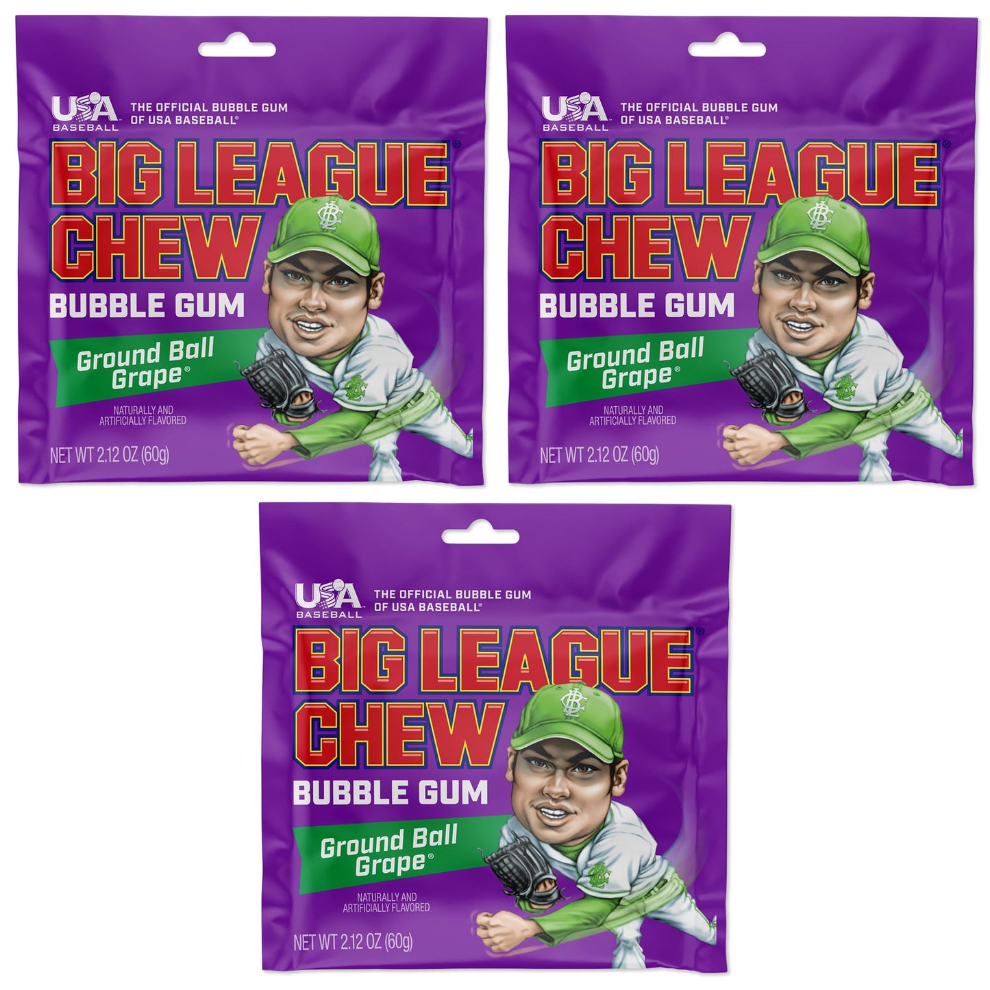 Big League Chew Grape Bubble Gum - 3-Pack, 2.12oz Packets, Purple, Baseball Candy for Treats & Party Favors