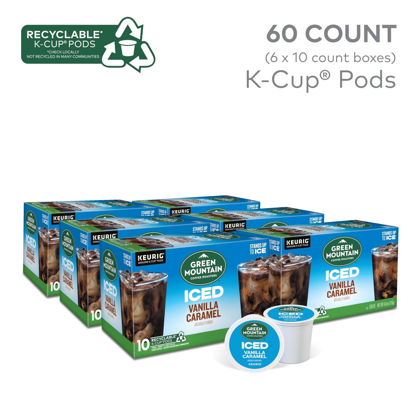 Green Mountain Coffee Roasters ICED Vanilla Caramel  Single Serve Keurig K-Cup Pods  Flavored Iced Coffee  60 Count (6 Packs of 10)