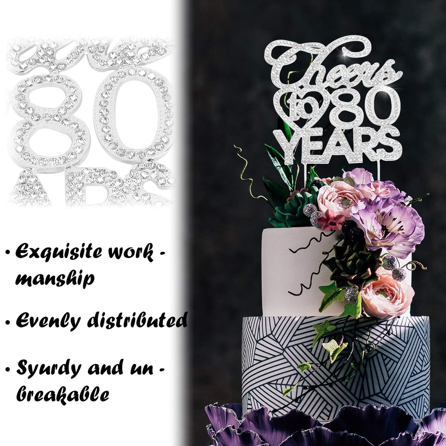 Bling Crystal Cheers To 80 Years Cake Topper - Best Keepsake 80Th Birthday Or Anniversary Decor Party Decorations Silver