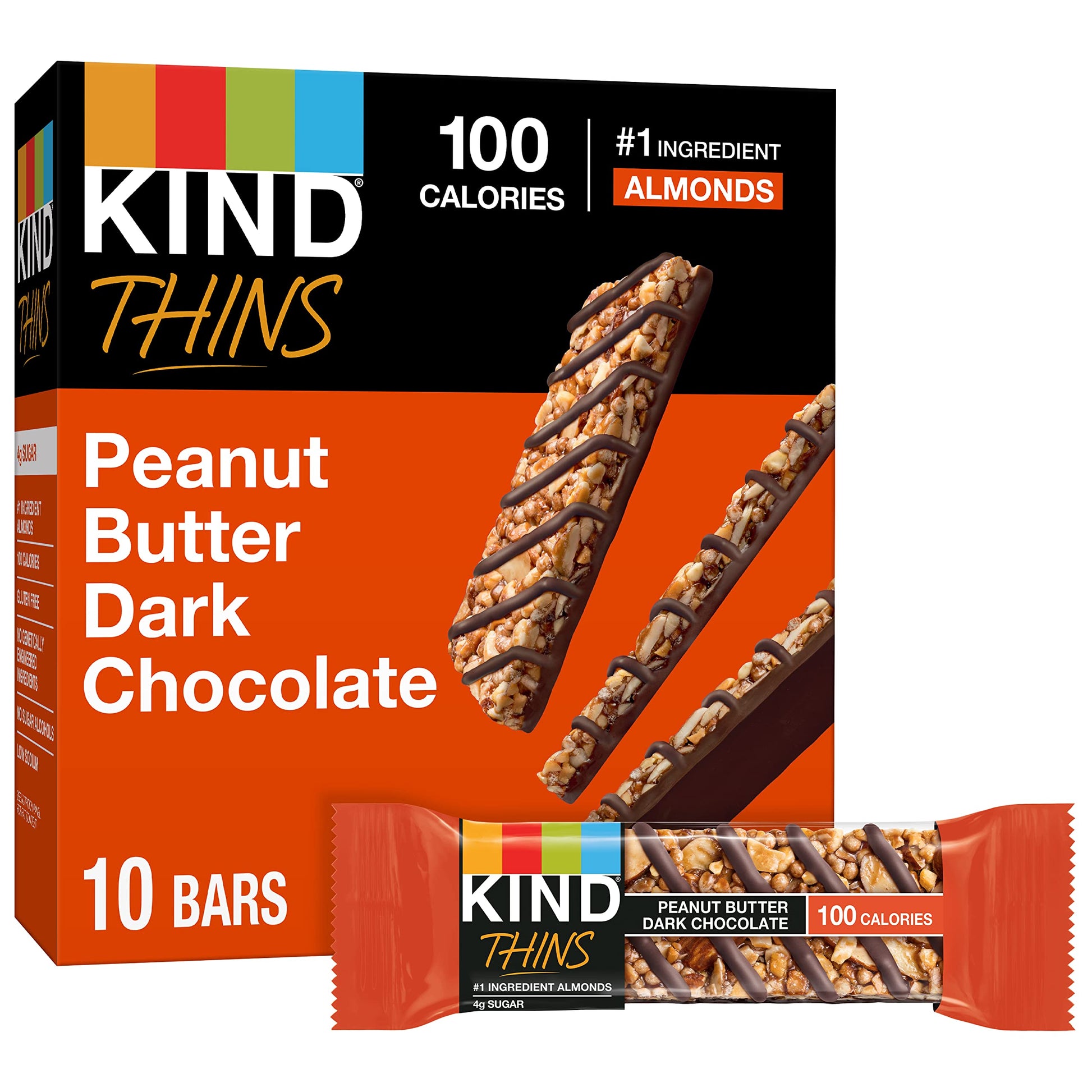 Kind Thins Peanut Butter Dark Chocolate Bars, Gluten Free, 100 Calories, 0.74 Oz Bars, 10 Count
