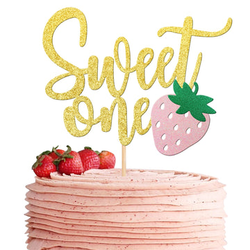 1 Pcs Strawberry Sweet One Cake Topper Glitter First Birthday Strawberry Cake Pick For Sweet Fruit Theme Baby Shower Kids Birthd