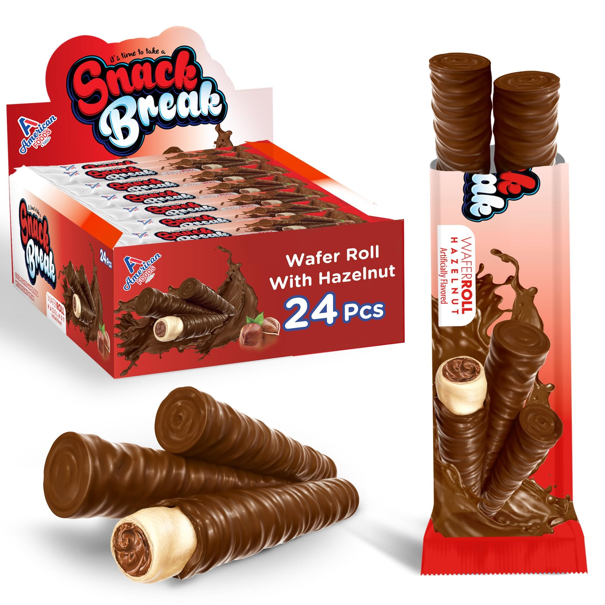 Snack Break Hazelnut Wafer Rolls, Rolled Wafer Cookies, Cocoa Coated Delicious Snack, Individually Wrapped, Crunchy Sticks for O