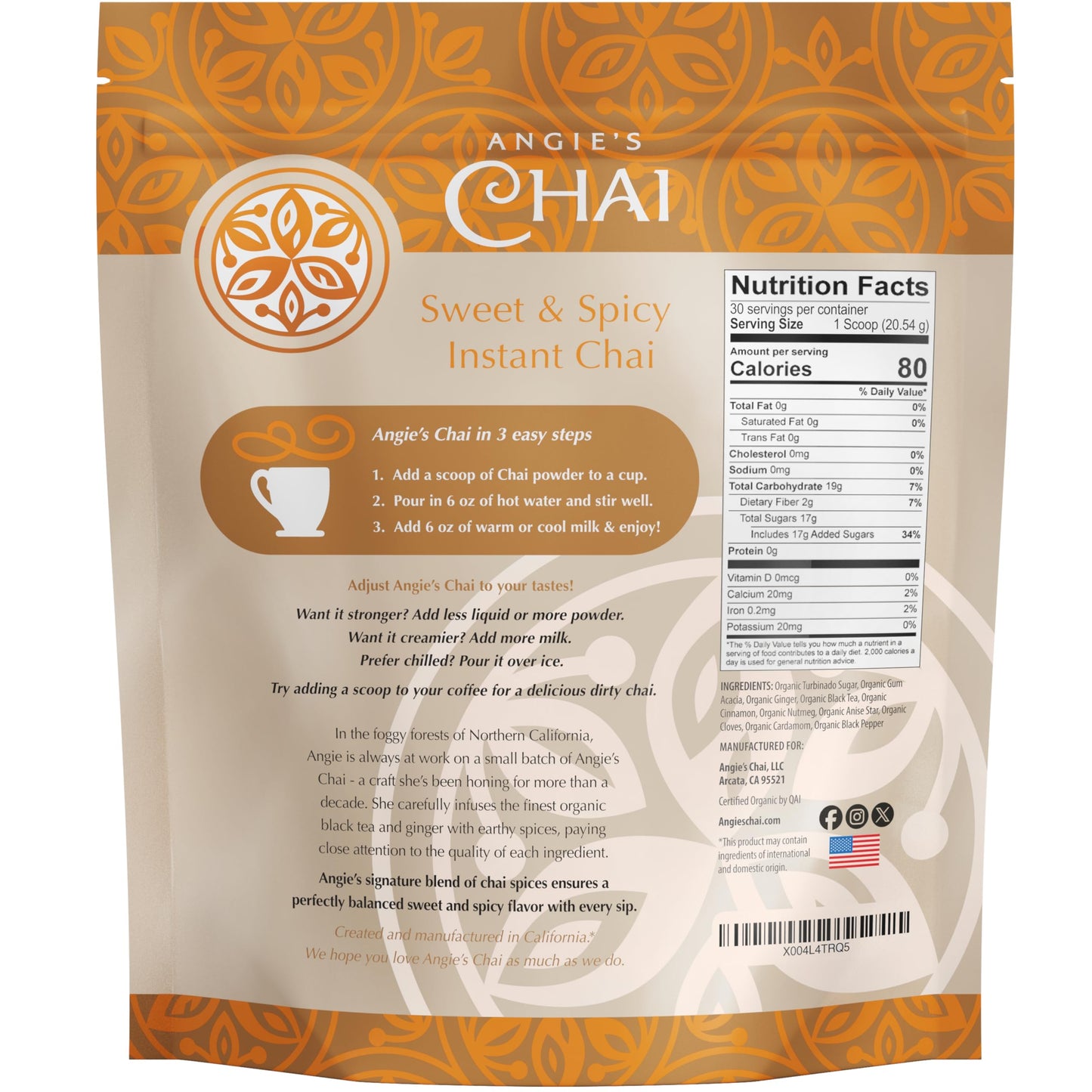 Angies Chai Organic Instant Chai Tea Powder - Sweet & Spicy Mix, 30 Servings, Handcrafted, Made in USA
