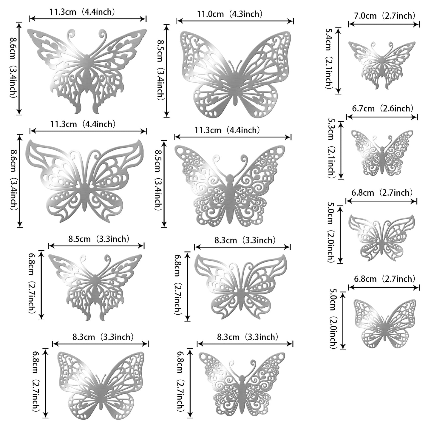 YCTHUNFISH 40 Pack 3D Butterfly Cake Toppers, Silver, Paper, Mixed Styles, 4.4-2.7 inches, Ideal for Baby Shower, Birthday,