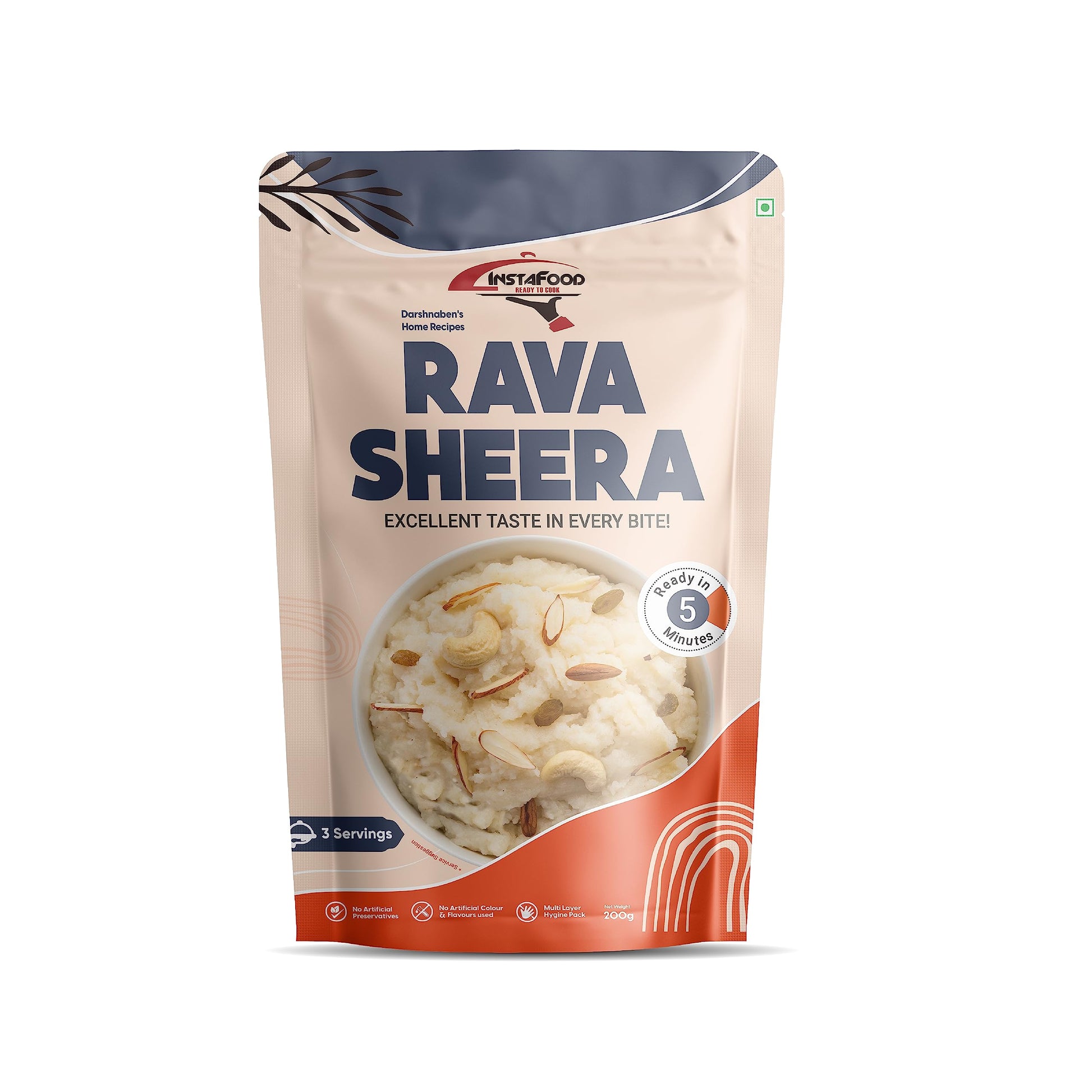 Instafood Rava Sheera | Ready To Eat & Cook Meal 3-4 Servings | Pack Of 1 (200G) | After Cooking Gets 400Gm To Serve | Zip Lock 