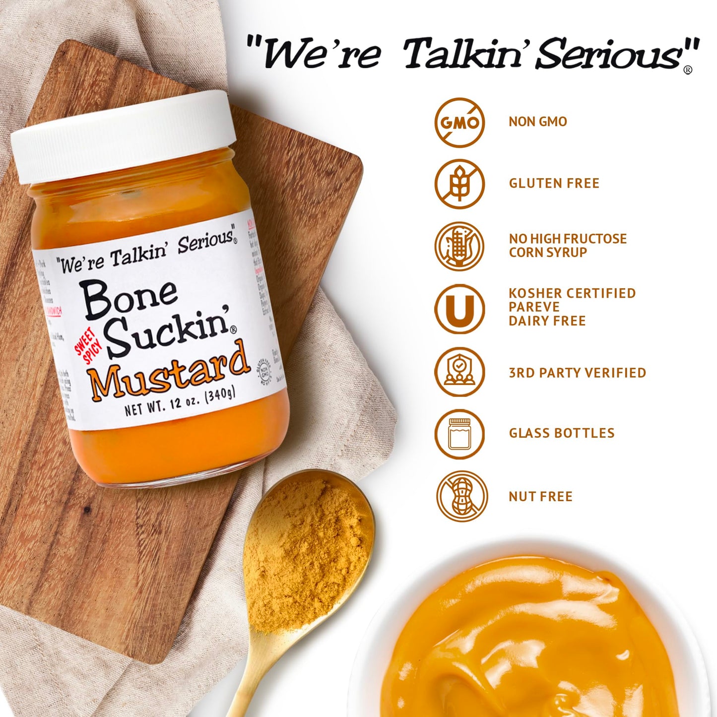 Bone Suckin Sweet Spicy Mustard, National Champion, Made in the USA, Non-GMO, Gluten-Free, Kosher and has No High Fructose Corn