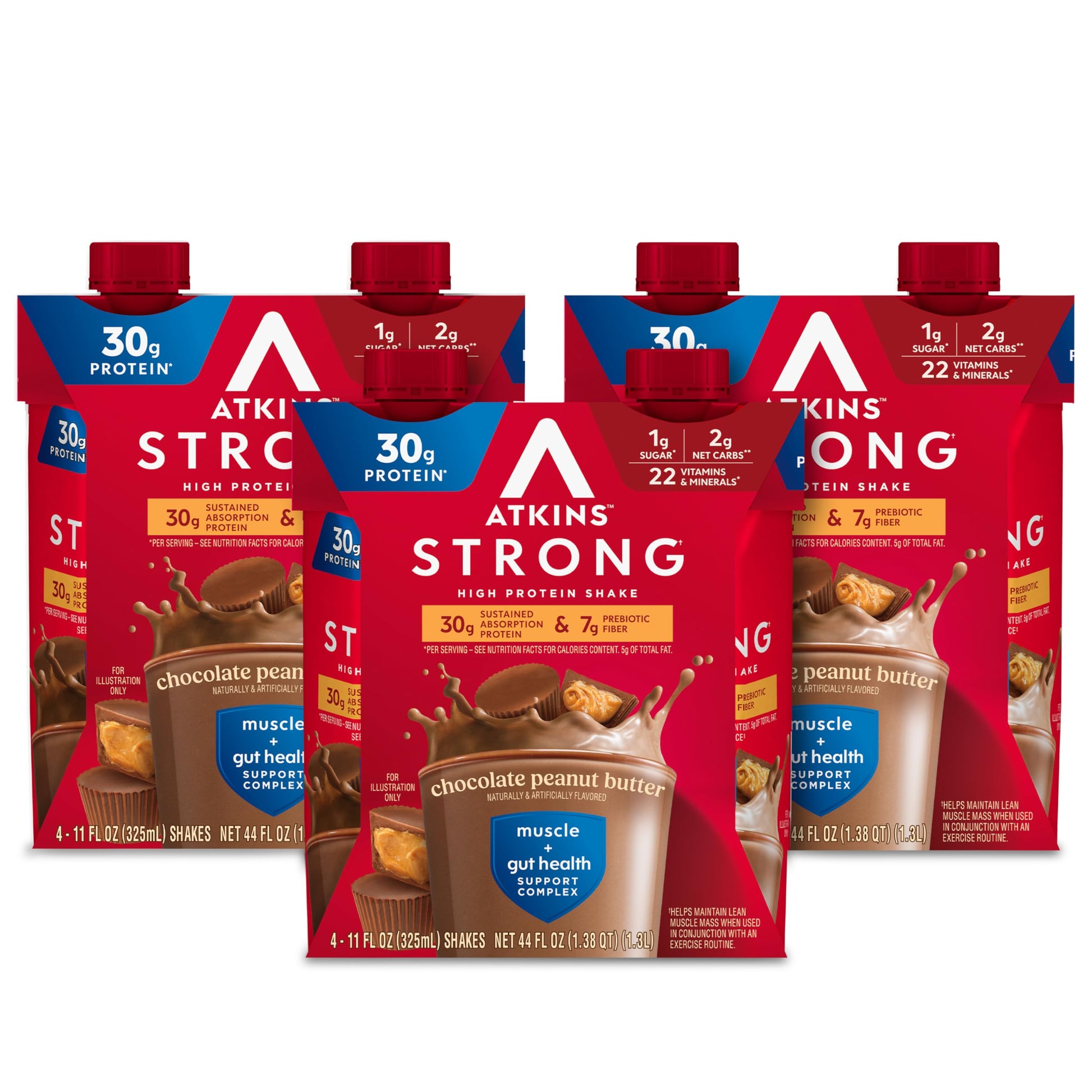Atkins Strong High Protein Shake, Chocolate Peanut Butter, 30G Protein, 7G Prebiotic Fiber, Muscle & Gut Health Support Complex,