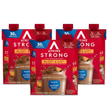 Atkins Strong High Protein Shake, Chocolate Peanut Butter, 30G Protein, 7G Prebiotic Fiber, Muscle & Gut Health Support Complex,