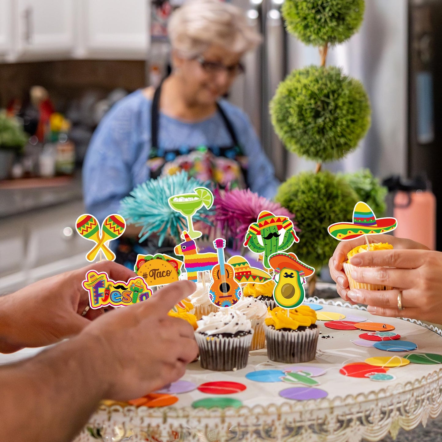 QZYL 24 PCS Cinco De Mayo Decorations, Fiesta Cake Toppers, Paperboard, Multi-Style, LK-MAY-caketopper-24, Flesta