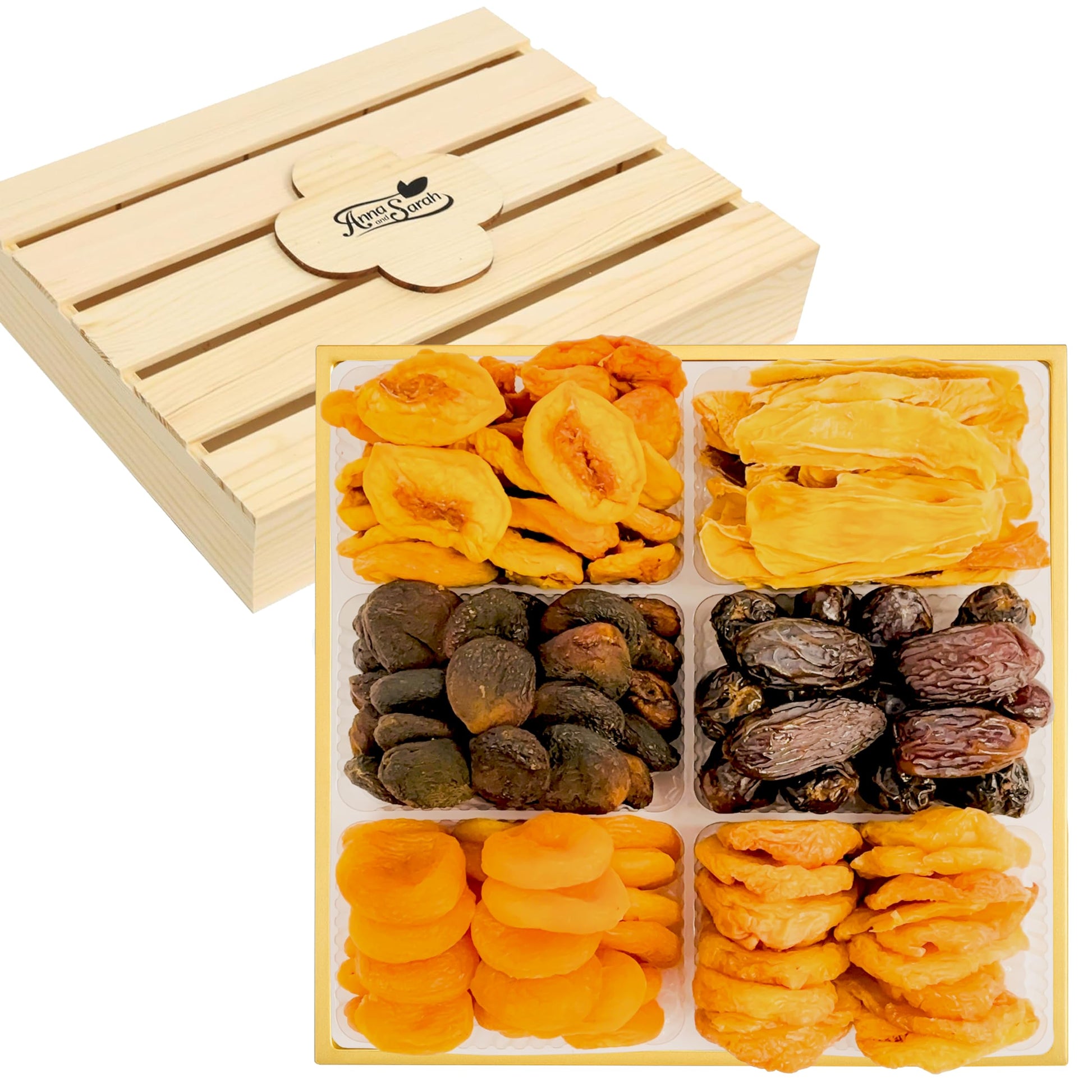 Anna And Sarah Gourmet Dried Fruit In Wooden 6 Compartments Gift Box Includes Strip Mango-Fancy Dates-Pear-Peach- Apricot-Dried Apricot Kosher-Halal For Christmas-Holiday For Mom-Dad-Boy-Girl Everyone