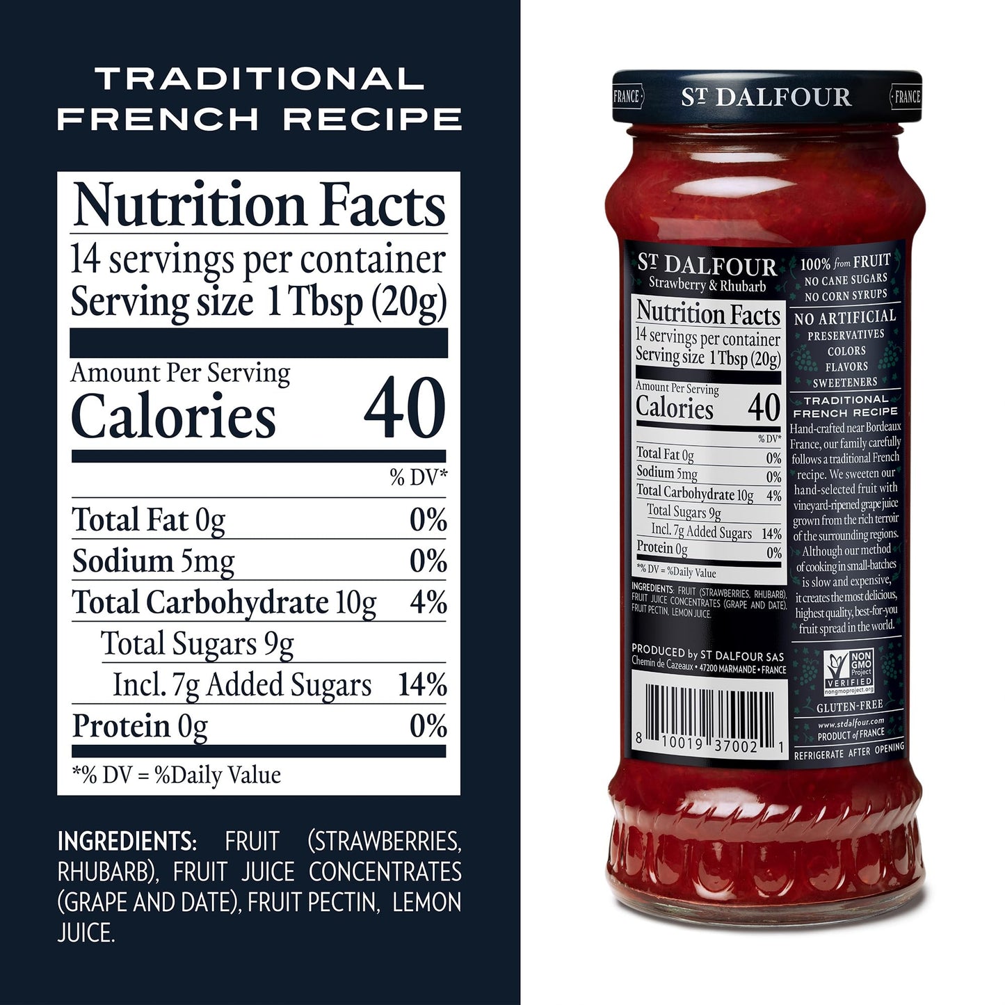 St. Dalfour Strawberry & Rhubarb Fruit Spread - 10Oz - 100% From Fruit & Rhubarb, No Artificial Ingredients, Non-Gmo, No Cane Su