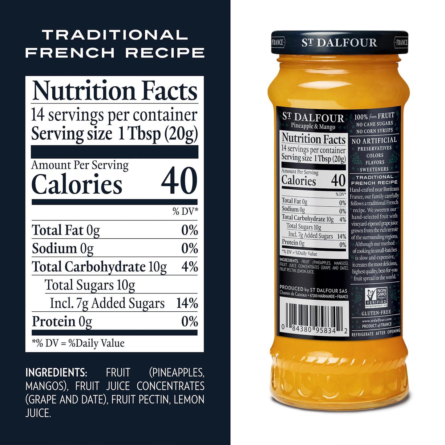 St. Dalfour Pineapple & Mango Fruit Spread - 10Oz - 100% From Fruit, No Artificial Ingredients, Non-Gmo, No Cane Sugars, All Nat