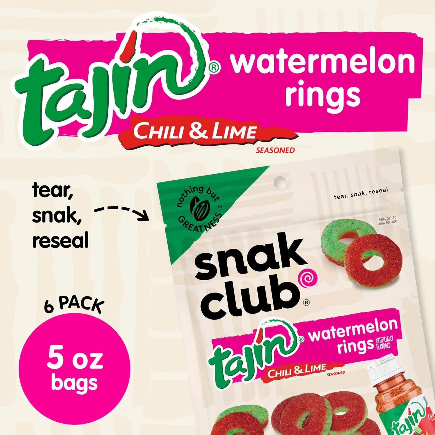 Snak Club Tajin Watermelon Rings Gummy Candy, Fruit Candy Gummies with Chili and Lime Seasoning, Mild, Gluten-Free and Vegan Sna