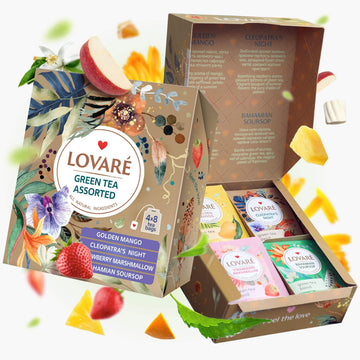 Lovare Green Assorted Tea Variety Pack 32 Pack - Made In Ukraine - Tea Bags Individually Wrapped 4 Tastes - Golden Mango, Cleopa