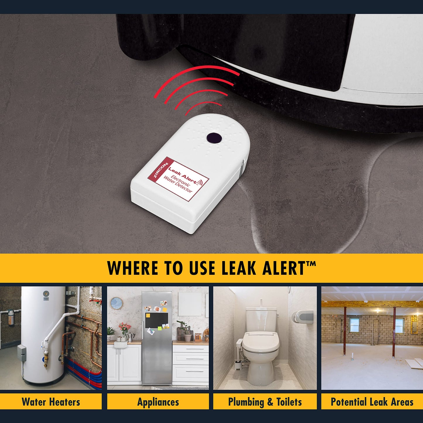Zircon Leak Alert Water Leak Detector & Flood Sensor Alarm/Water Leak Sensor With Dual Leak Alarms 90Db Audio/Battery Powered (2