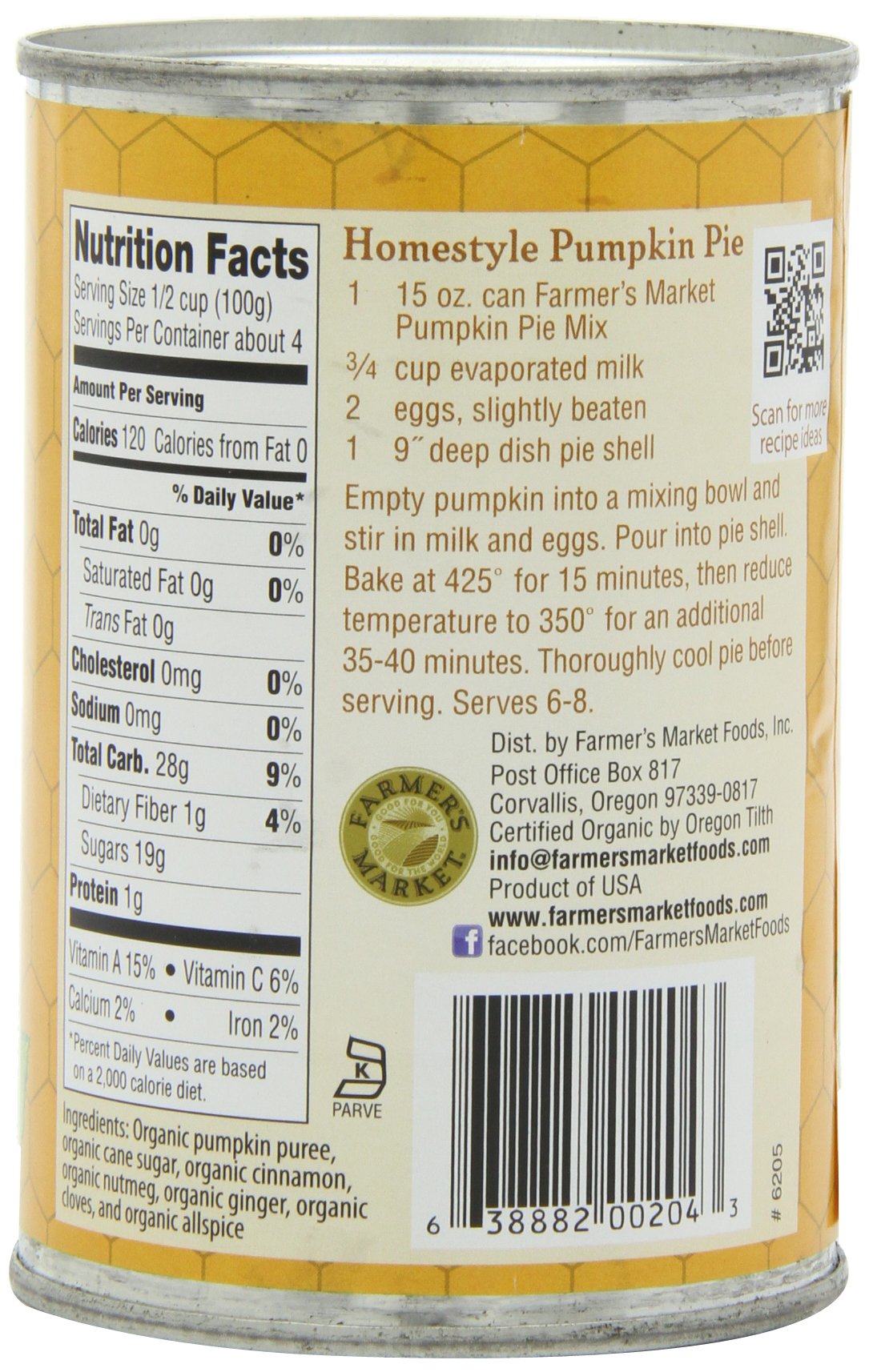 Farmers Market Foods, Organic Canned Pumpkin Pie Mix, 15 oz