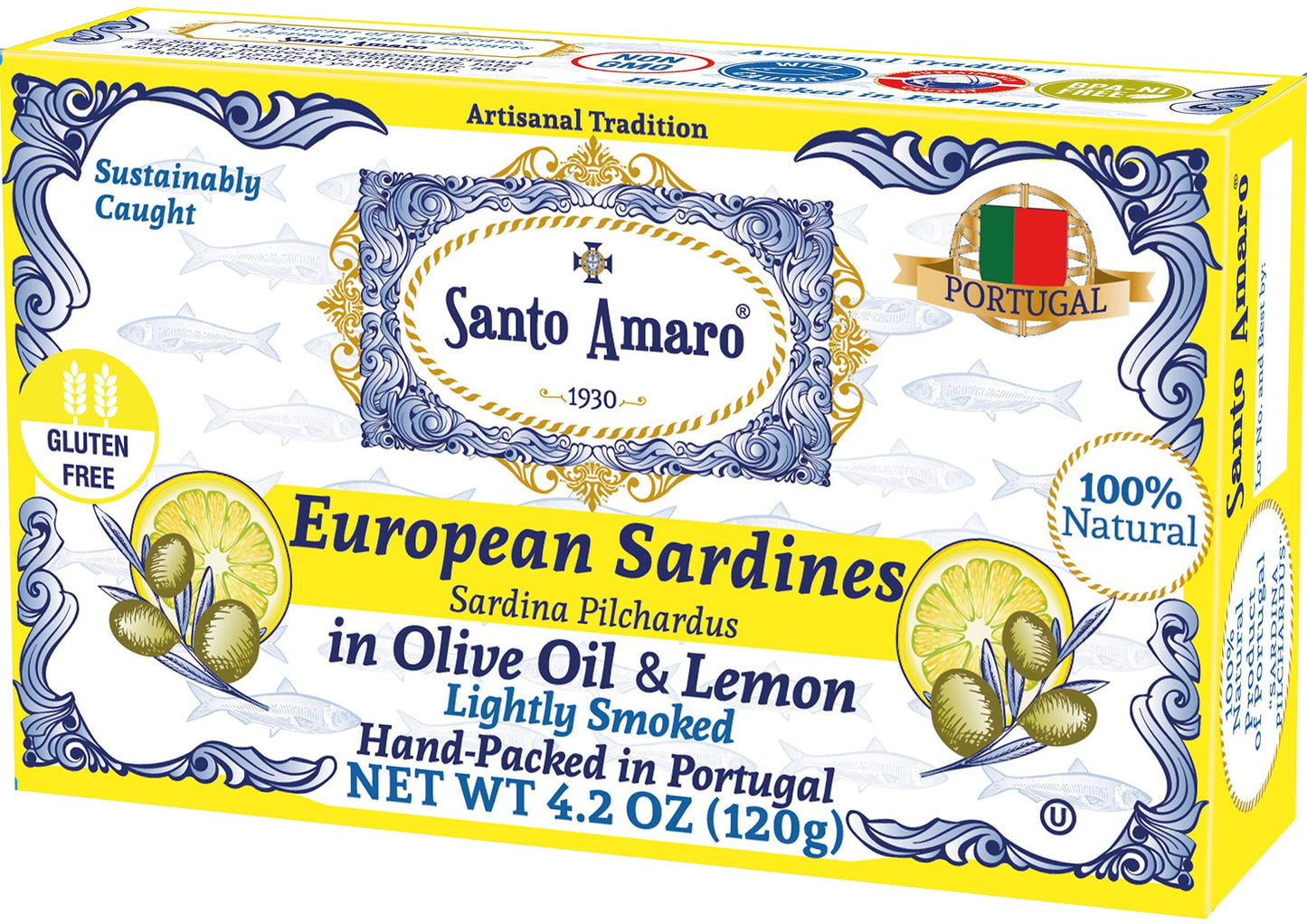 Santo Amaro Sardines in Olive Oil & Lemon, Hand-Packed, 4.2 oz (Pack of 6), Lightly Smoked, Wild Caught, Lisbon Variety
