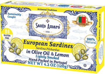 Santo Amaro Sardines in Olive Oil & Lemon, Hand-Packed, 4.2 oz (Pack of 6), Lightly Smoked, Wild Caught, Lisbon Variety