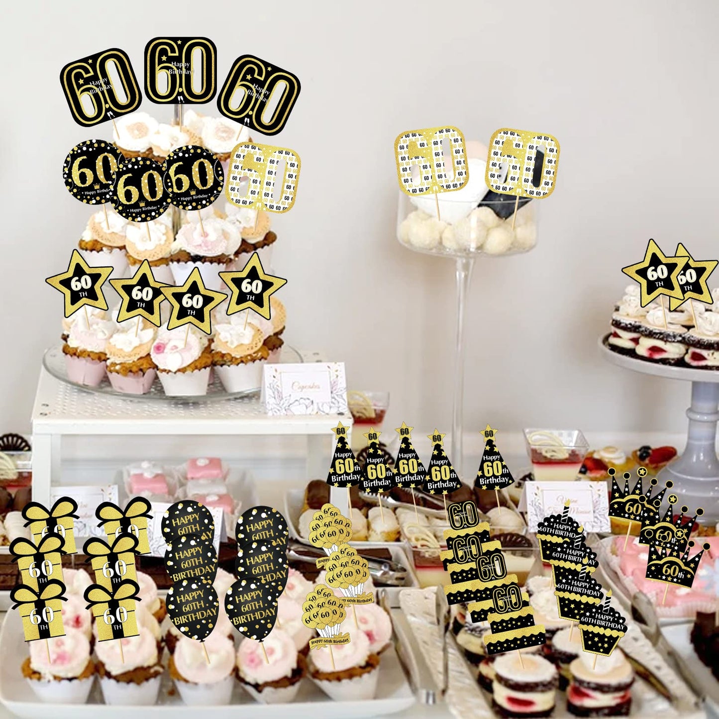 48Pcs 60Th Birthday Cupcake Toppers Decorations For Men Women, Gold 60 Birthday Cake Topper Party Supplies, Happy Sixty Birthday