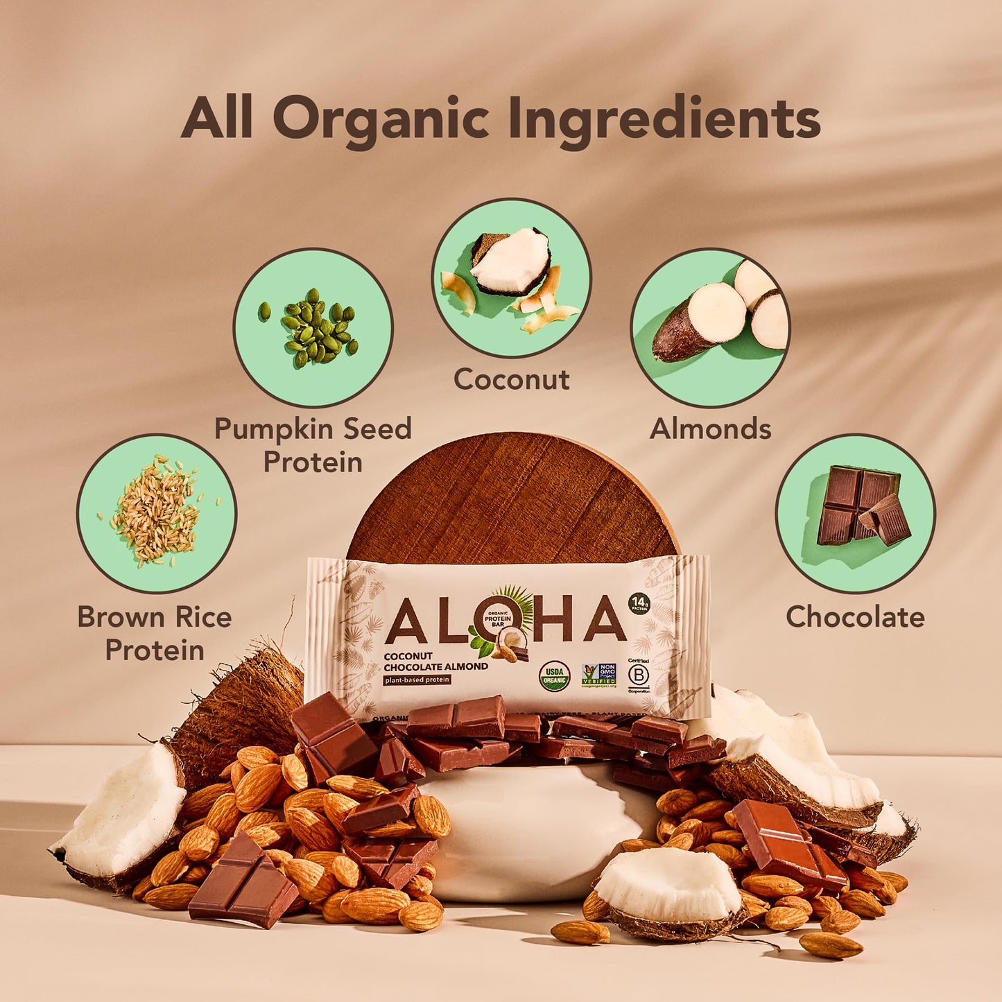 ALOHA Organic Plant Based Protein Bars - Vegan, Low Sugar, Gluten-Free, 12 Count, Chocolate Coconut Almond, Model 0842096109119
