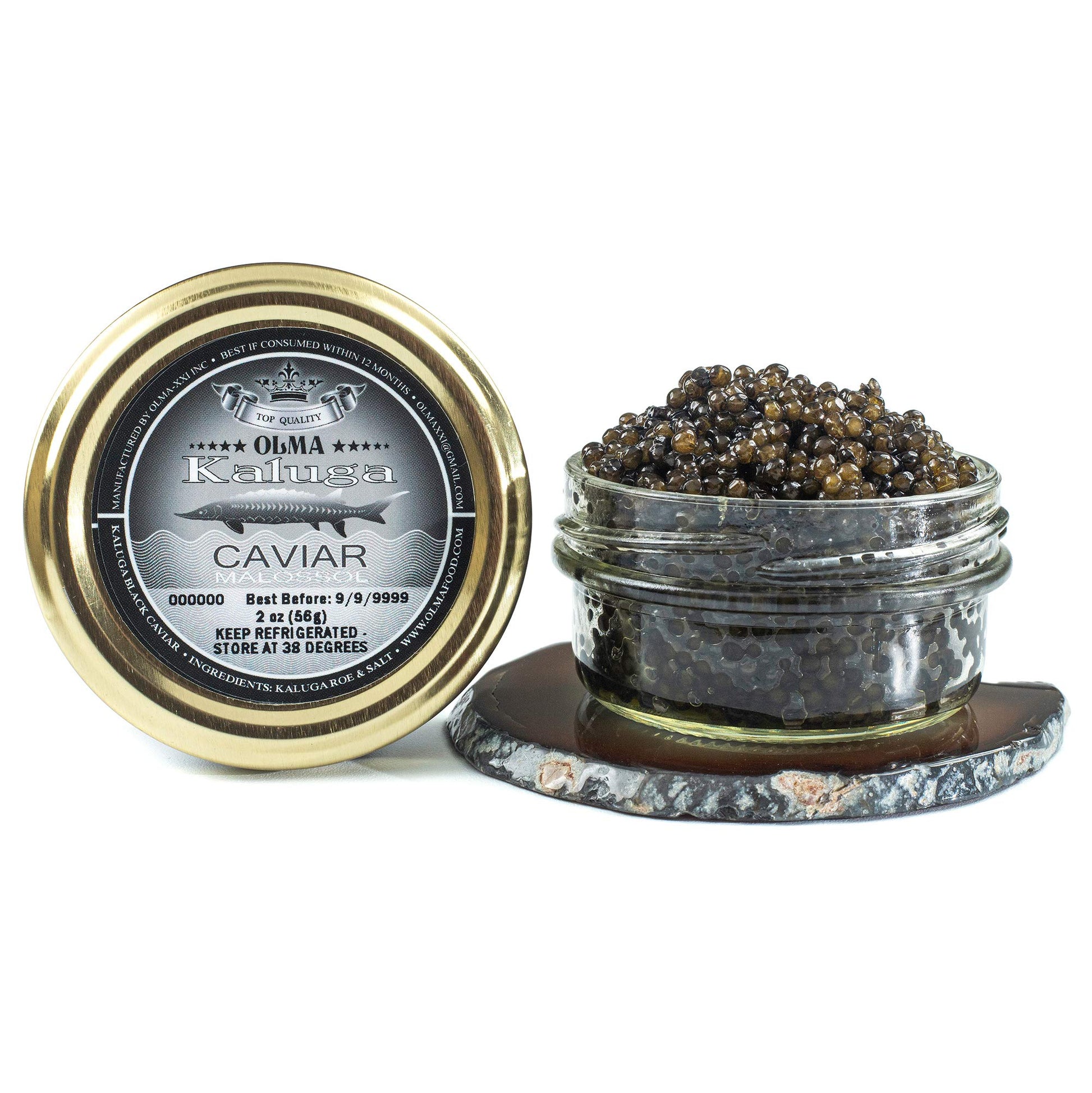 OVERNIGHT GUARANTEED - OLMA Kaluga Sturgeon Black Caviar- Large Pearly Grains, Smooth Flavor, Superior Grade- 2 oz/56 g