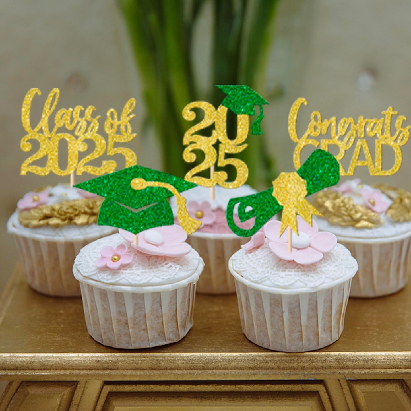 YCTHUNFISH 30 Pack Cupcake Toppers Glitter Grad Decorations for Class of 2025 - Gold Green